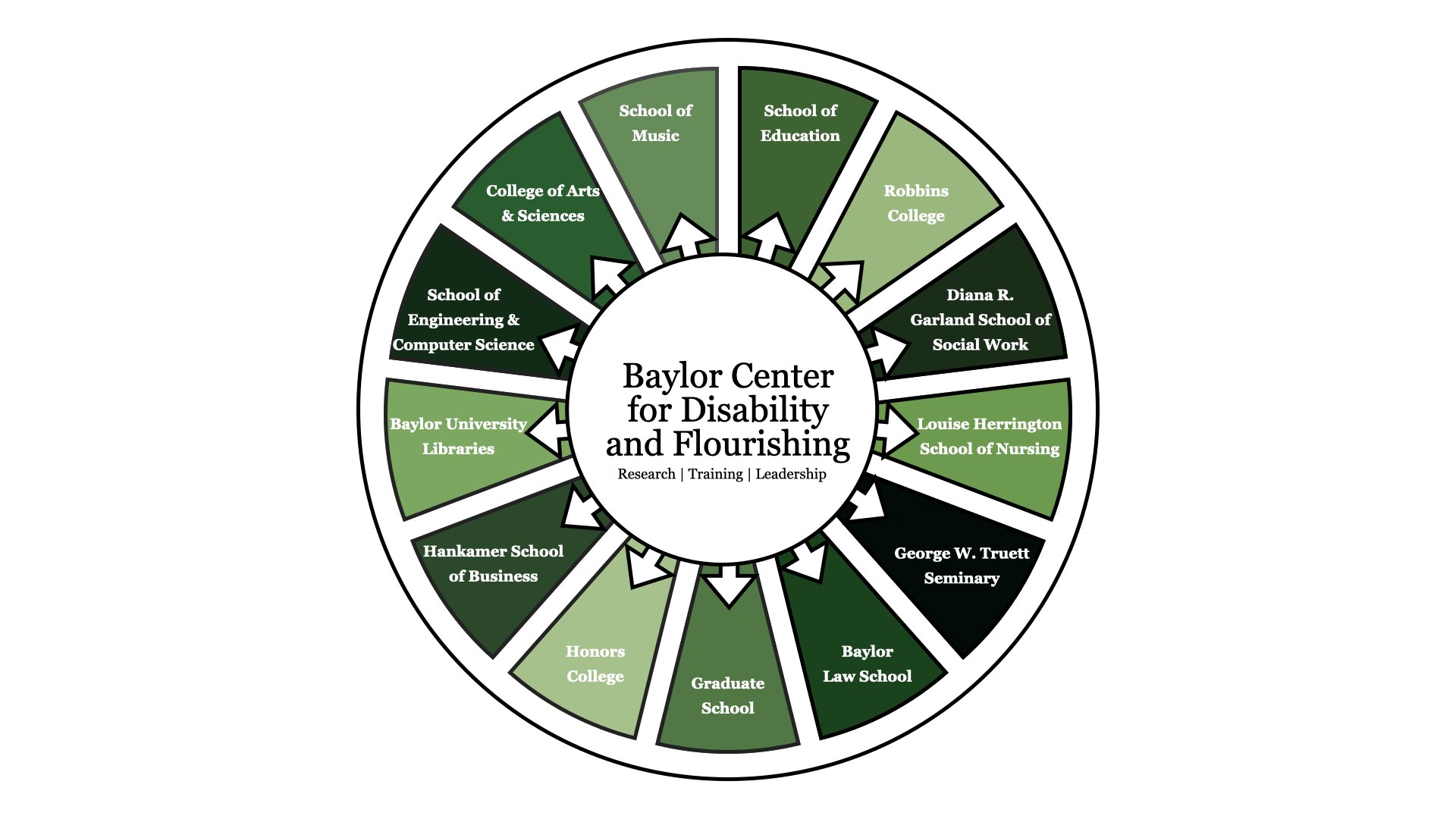Circular green graphic of BCDF  in the center, with arrows pointing outward to illustrate interfacing with many disciplines and schools across Baylor. 