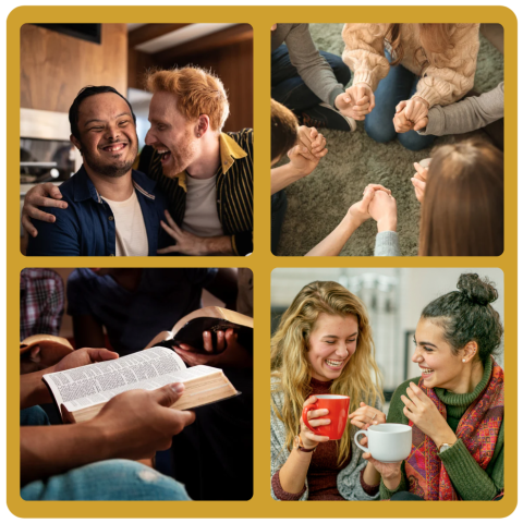 Photos of young people with and without disabilities, photo of hands praying, photo of reading the Bible