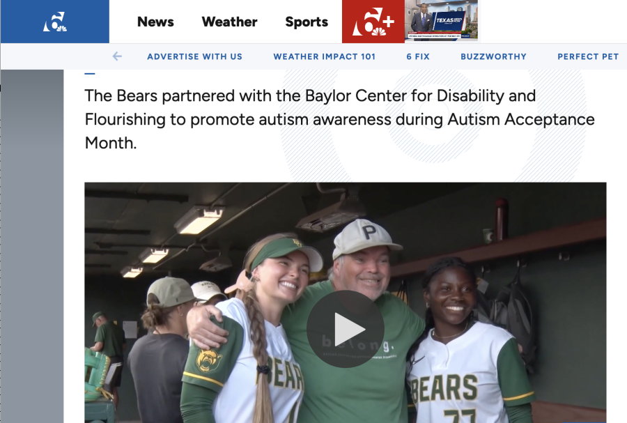 Screen shot of KCEN-TV's news story about BU Softball game recognizing Autism Acceptance Month.