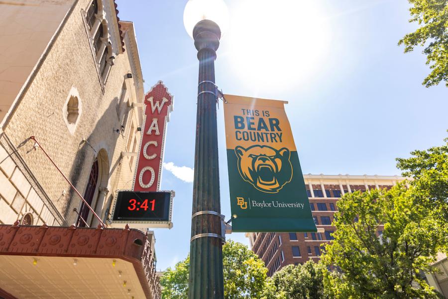 Iconic photo of Downtown Waco with Baylor Bear Country Flag 