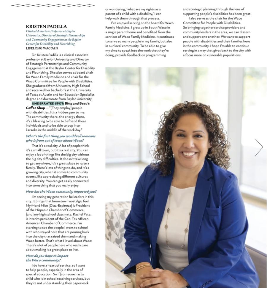 Screen shot of People of Waco section of WACOAN magazine featuring Kristen Padilla.